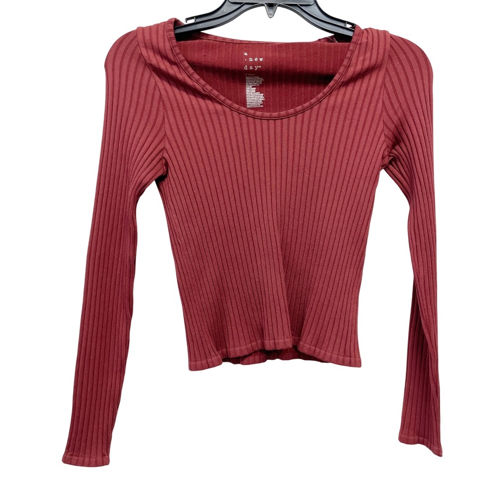 A New Day Women's Burgundy Ribbed Scoop Neck Long Sleeve Top Size XS